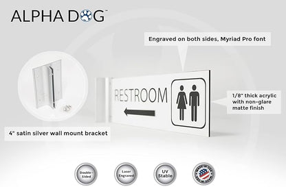 ALPHA DOG SIGNS Corridor Projecting Hallway Bathroom Sign, Left Arrow, 4"x12" Double Sided, Indoor/Outdoor, Easy Install, Durable Business Wayfinding Plaque, USA-Made (White)