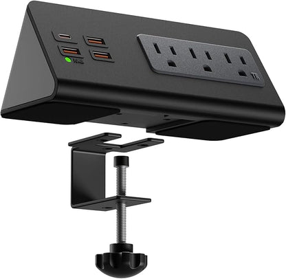 Power charge station edge clamp mount with USB-C portsTabletop Surge Protector Desk Clamp Power Sockets with 3 AC Outlets and 4 Fast Charging USB Ports for Home Office Hotel and Dormitory (Black-2pcs)