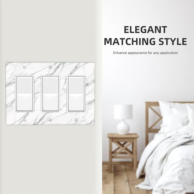 Decorative Outlet Covers Modern Grey Marble Texture 3 Gang Light Switch Cover Plate Triple Rocker Wall Plates for Electrical Outlets Switch Plate Covers for Bedroom Kitchen Home Decor