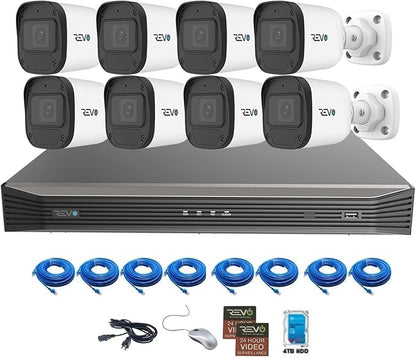 Revo Ultra Blue Series 16CH 4K POE H.265 NVR, 4TB & 8X 2K (4 Megapixel) Indoor/Outdoor IR Cameras with Built-in Mic – Remote Access Via Pc, Mac & Phone (No Monthly Fee)