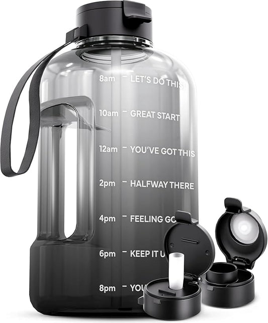 AQUAFIT 128 oz Water Bottle with Time Marker - Straw & Chug Lid - BPA Free 1 Gallon Gym Water Bottle with Handle - Big Gallon Jug (Midnight Gray, 128 Ounces)