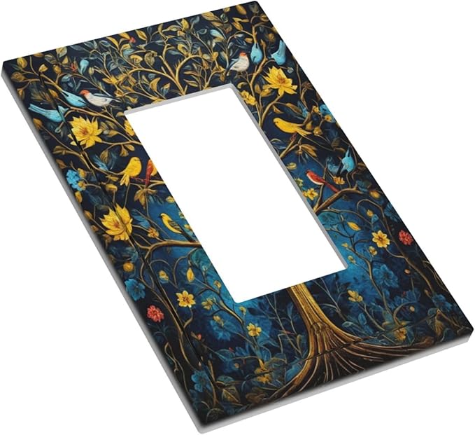 Gold Tree With Birds Flowers on Branches Single Decora Outlet Wall Plate 1 Gang Rocker Decorative Switchplate Faceplate GFCI Light Switch Covers for Home Living Decor