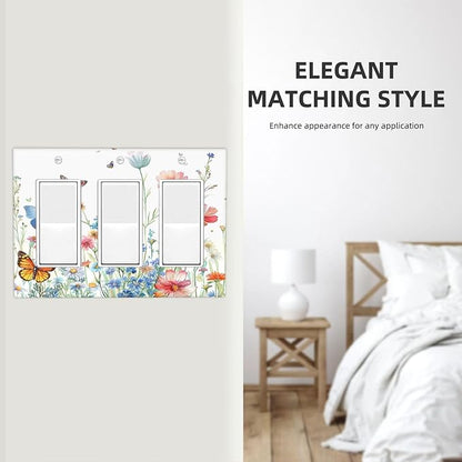 Decorative Outlet Covers Rustic Wildflower Blue Pink Floral Butterfly 3 Gang Light Switch Cover Plate Triple Rocker Wall Plates for Electrical Outlets Switch Plate Covers for Home Decor