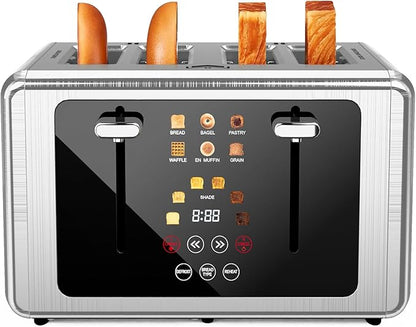 4 Slice Toaster, Touchscreen & Dual Independent Control Panel，5 Basic Functions & Digital Countdown Toasters, 6 Shade Settings＆6 Bread Types, Smart Bread Maker Mute/Screen-Off,Platinum