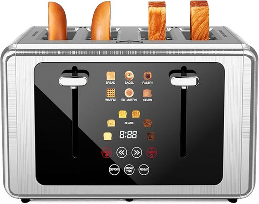 4 Slice Toaster, Touchscreen & Dual Independent Control Panel，5 Basic Functions & Digital Countdown Toasters, 6 Shade Settings＆6 Bread Types, Smart Bread Maker Mute/Screen-Off,Platinum