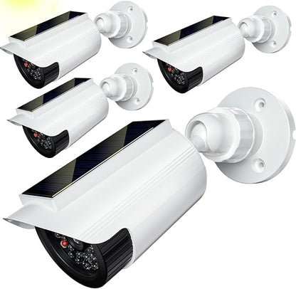 WALI Fake Dummy Camera, Solar Powered Fake Security Camera with LED Light, for Inside Outside Decoy Simulated Surveillance Security CCTV Dome Cameras with Warning Sticker (SOLTC-W4), 4 Packs, White