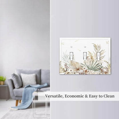 Decorative Switch Plates Boho Leaves Watercolor Tan Leaf Floral Plant 3 Gang Wall Plate Faceplate Triple Toggle Light Switch Cover Electrical Wall Panels for Bedroom Home Decor