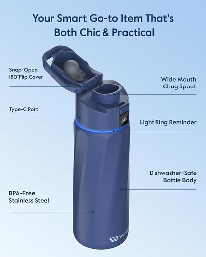 BOOST Smart Water Bottle that Reminds You to Drink, 24oz BPA-Free Stainless Steel Vacuum Insulated Bottle, Wide Mouth Water Tracker Bottle with APP, Ideal Gift for Christmas, New Year