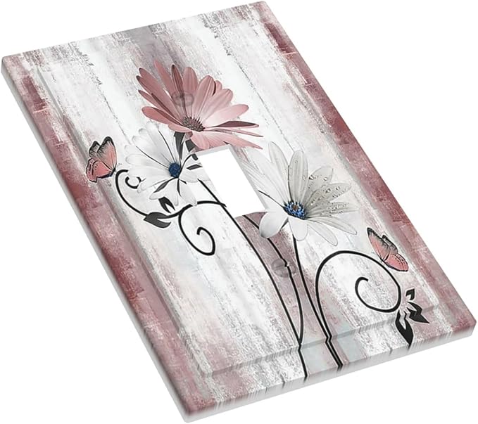 Decorative Light Switch Cover Pink White Daisy Butterfly Wood Grain 1 Gang Single Toggle Device Electrical Faceplate Switchplates Decorator Outlet Wall Plate for Farmhouse Bathroom Decor