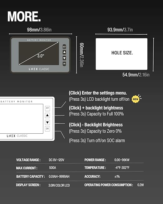 500A Battery Monitor with Shunt, 3" Color Screen RV Monitor with Programmable Alarm for 8-120V Lifepo4, Lithium, Gel, Flooded Battery