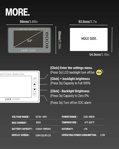 500A Battery Monitor with Shunt, 3" Color Screen RV Monitor with Programmable Alarm for 8-120V Lifepo4, Lithium, Gel, Flooded Battery