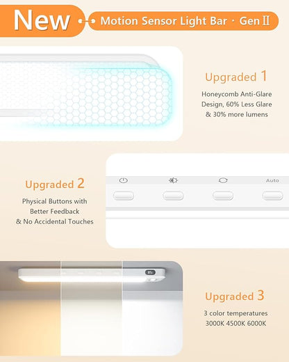 WILLED Under Cabinet & Closet Lights, Motion Sensor, Rechargeable, Magnetic, 3 Color Temps, Dimmable LED Light Bar for Indoor Kitchen Counter (4 Pack, White)
