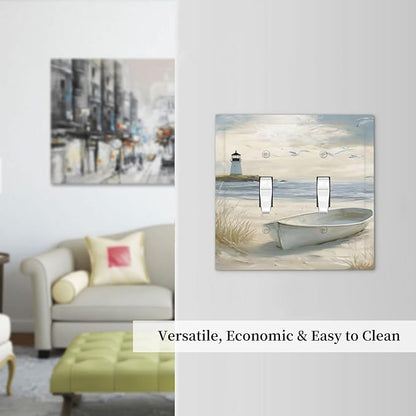 Decorative Light Switch Plate Covers Seascape Painting with Lighthouse Boats 2 Gang Wall Plate Unique Double Toggle Double Light Switch Covers for Bedroom Home Decor （2 Pack）