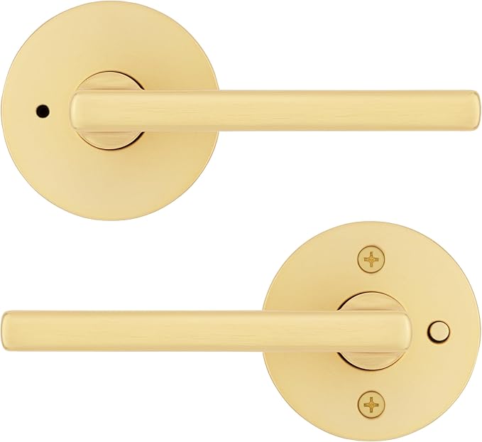 Kwikset Halifax Interior Privacy Door Handle with Lock, Door Lever for Bathroom and Bedroom, Satin Brass Reversible Keyless Push Button Lock Door Lever, with Microban Protection