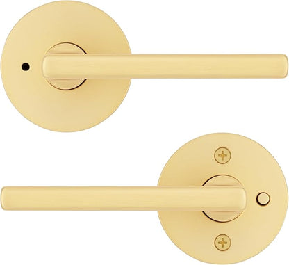 Kwikset Halifax Interior Privacy Door Handle with Lock, Door Lever for Bathroom and Bedroom, Satin Brass Reversible Keyless Push Button Lock Door Lever, with Microban Protection