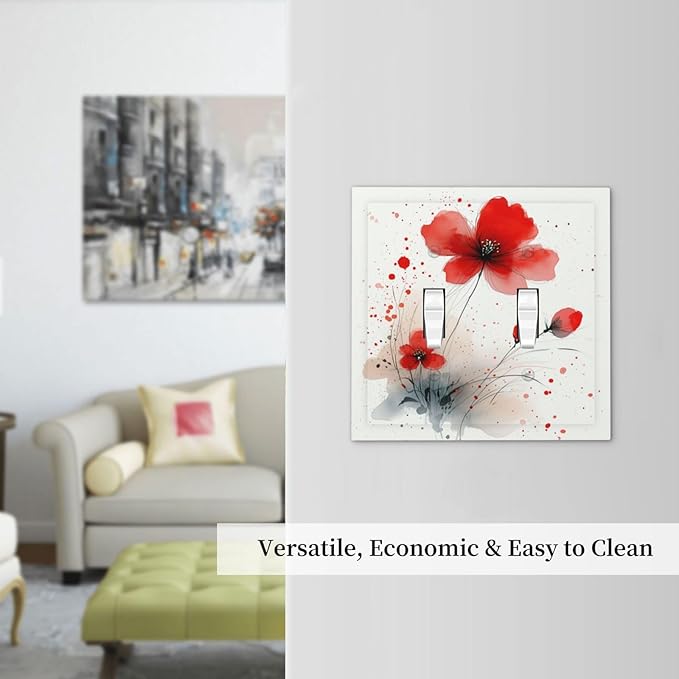Vintage Watercolor Red Flowers Floral Decorative Switch Plates 2 Gang Double Toggle Outlet Light Switch Cover Wall Plate Electrical Faceplate for Bedroom Bathroom Decor