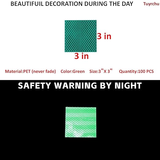 Non Fading Green Reflective Stickers 3 inch X 3 inch, Outdoor Waterproof High Visibility Warning Safety Adhesive Reflector Tape (100 Pcs)