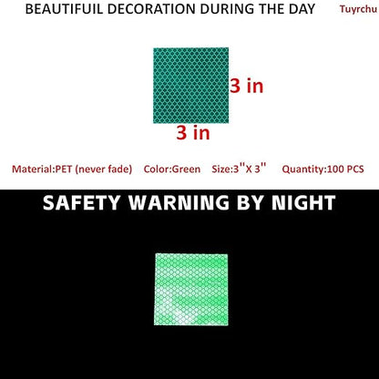 Non Fading Green Reflective Stickers 3 inch X 3 inch, Outdoor Waterproof High Visibility Warning Safety Adhesive Reflector Tape (100 Pcs)