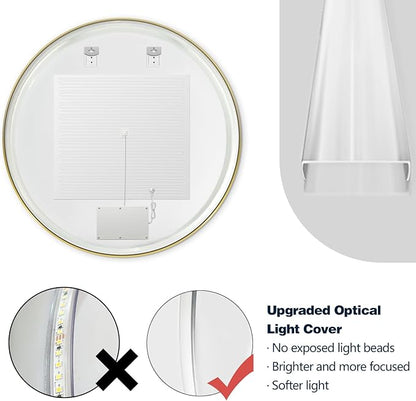 Niccy Round Led Mirror for Bathroom, 40" Backlit Mirrors for Wall Circle Lighted Mirror with Old Gold Frame Anti-Fog, 3 Colors, HD Glass and IP65 Waterproof