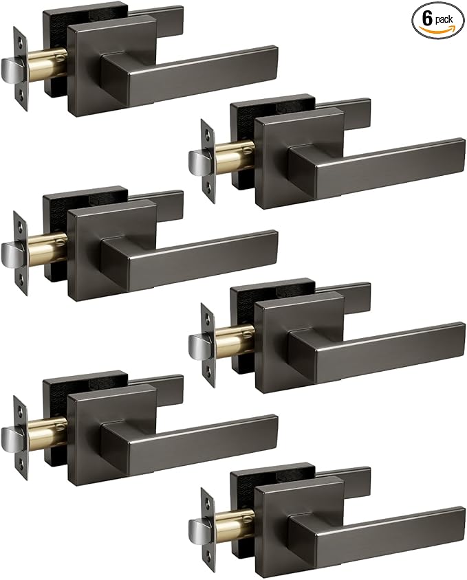 KNOBWELL 6 Pack Door Handles Interior Passage Door Knob for Closet Hallway Gunmetal Black Door Leverset Mordern Doorknob