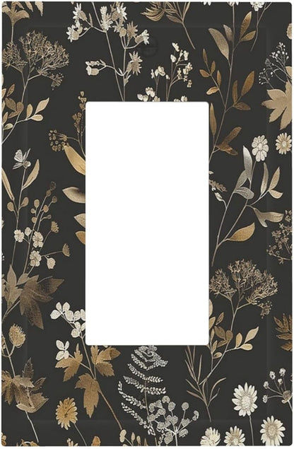 Decorative Outlet Covers Black Gold Floral Dark Leaves Vintage Flowers 1 Gang Single Rocker Light Switch Cover Plate Wall Plates GFCI Faceplate for Bed Room Home Decor
