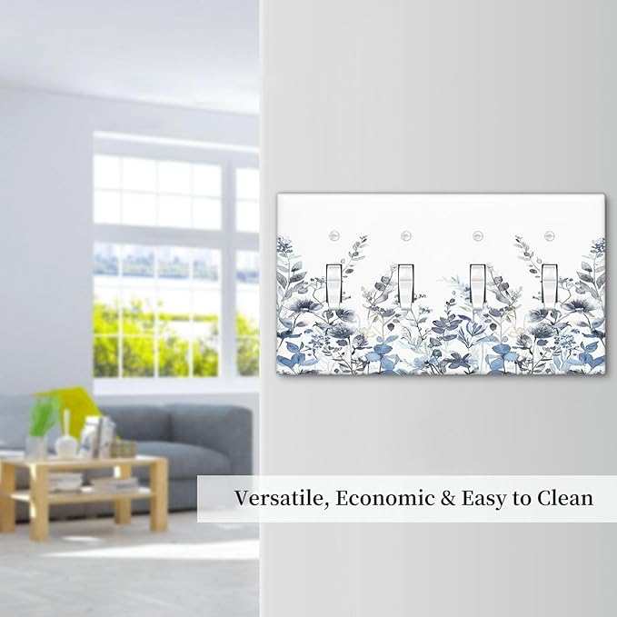 Light Switch Covers Light Blue Watercolor Leaves Plant With Floral Quad Toggle Electrical Faceplate 4 Gang Wall Plate Decorative Switch Plates for Bedroom Bathroom Decor