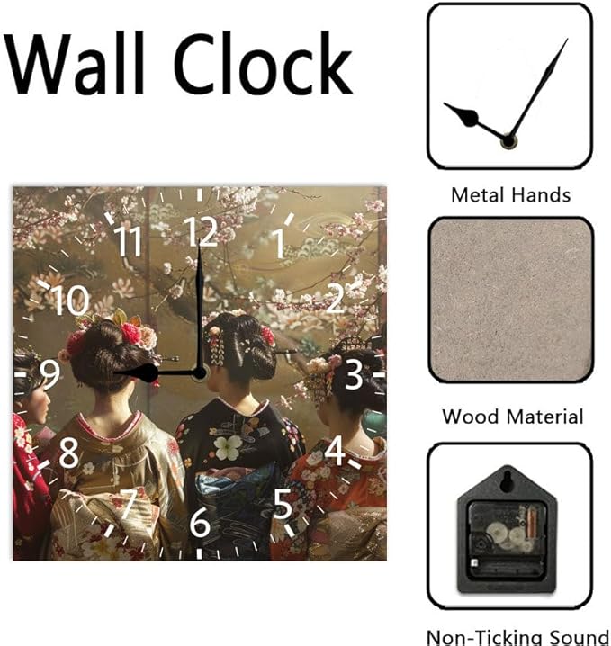 10 in Elegant Kimono Beauties -270 Wood Wall Clock – Digital Time Display, Smart Home Compatible for Bedside or Workspace