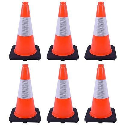 6 Pack 18 Inch Orange Reflective Traffic Cones, Black Base PVC Safety Cones for Construction Sites, Parking Control and Hazard Marking (6, Orange, 18 Inch)