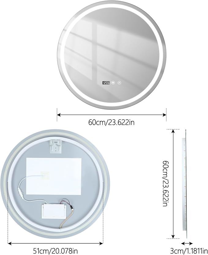 24" Round LED Bathroom Mirror with Anti-Fog & Touch Switch - 60x60cm Wall-Mounted Makeup Vanity Mirror, No Drilling Required, Smart Display Bathroom Mirror