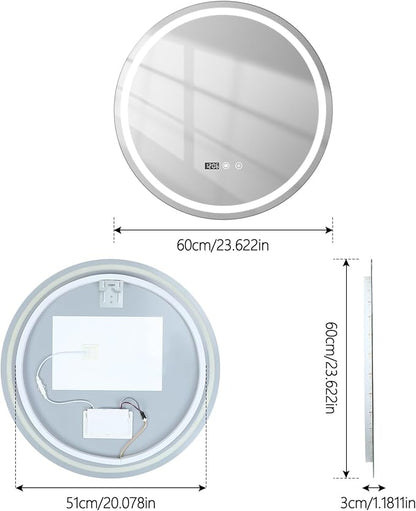 24" Round LED Bathroom Mirror with Anti-Fog & Touch Switch - 60x60cm Wall-Mounted Makeup Vanity Mirror, No Drilling Required, Smart Display Bathroom Mirror