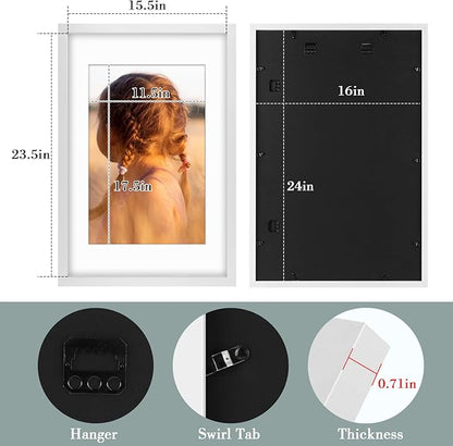 Golden State Art, 16X24 Picture Frame with Mat for 12X18 - High Definition Glass Wall Mounting Horizontal Vertical Display (White, 2 Pack)