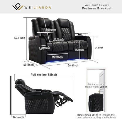 Weilianda Home Theater Seating Top Grain Leather Zero Gravity Recliner Chair Power Headrest Recline Movie Seat Gaming 7 Colors Mood Light Sofa with Tray Table USB Charge Row of 2 Loveseat Black