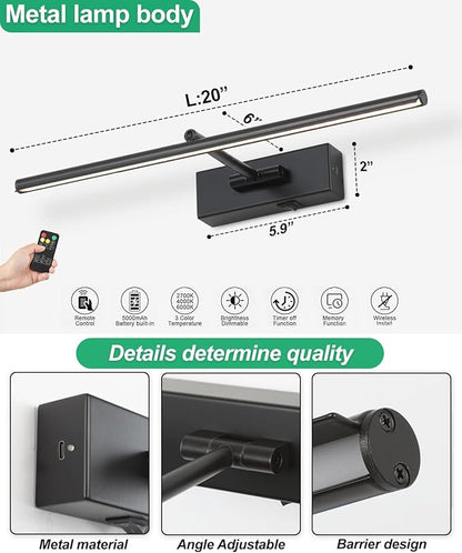 Battery Operated Picture Light with Wireless Remote 3CCT Dimmable Black Wall Art Lights for Paintings Rechargeable Home Decor Gallery Light 20'' Artwork Lighting for Canvas Timer Function