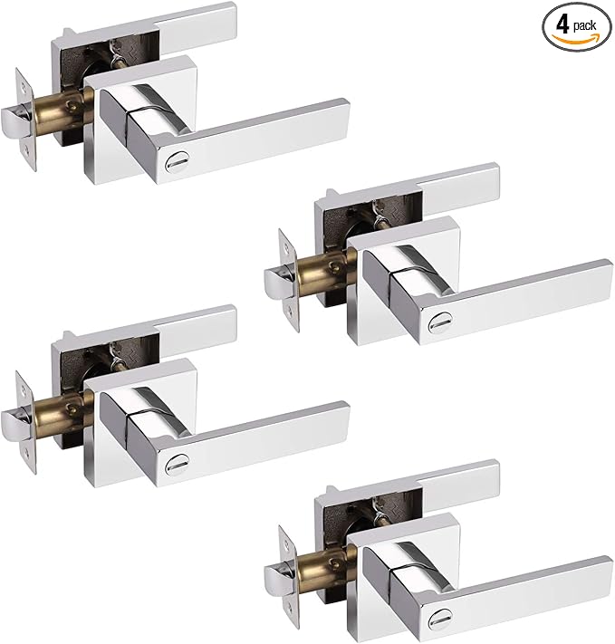 Probrico 4 Pack Square Door Levers with Lock Keyless Privacy Door Handles Locksets Interior Bed/Bath Heavy Duty Hardware in Polished Chrome Finish,Universal Handing