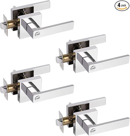 Probrico 4 Pack Square Door Levers with Lock Keyless Privacy Door Handles Locksets Interior Bed/Bath Heavy Duty Hardware in Polished Chrome Finish,Universal Handing