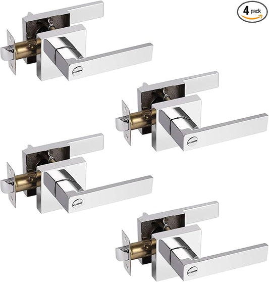 Probrico 4 Pack Square Door Levers with Lock Keyless Privacy Door Handles Locksets Interior Bed/Bath Heavy Duty Hardware in Polished Chrome Finish,Universal Handing