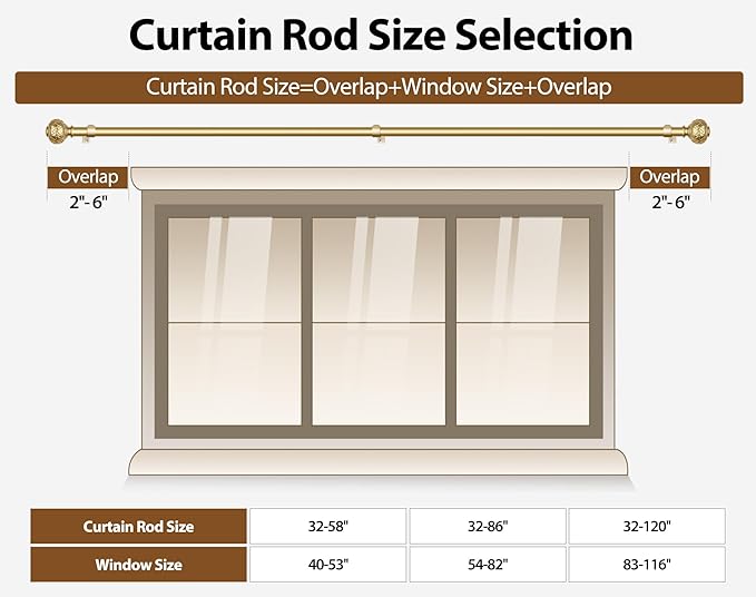 TONIAL Gold Curtain Rod 32 to 58 Inches, 7/8 Adjustable Curtain Rods for Windows 20 to 54 Inches, Splicing Drapery Rods Heavy duty with Netted Texture Finials