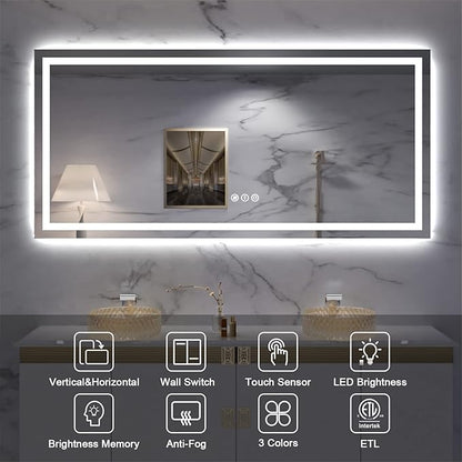 Amorho LED Bathroom Mirror, 60" X28" Front-lit + Backlight Mirror for Wall, Dimmable Vanity Mirrors, Anti-Fog, Memory, 3 Colors Lighting, Shatterproof, ETL Listed