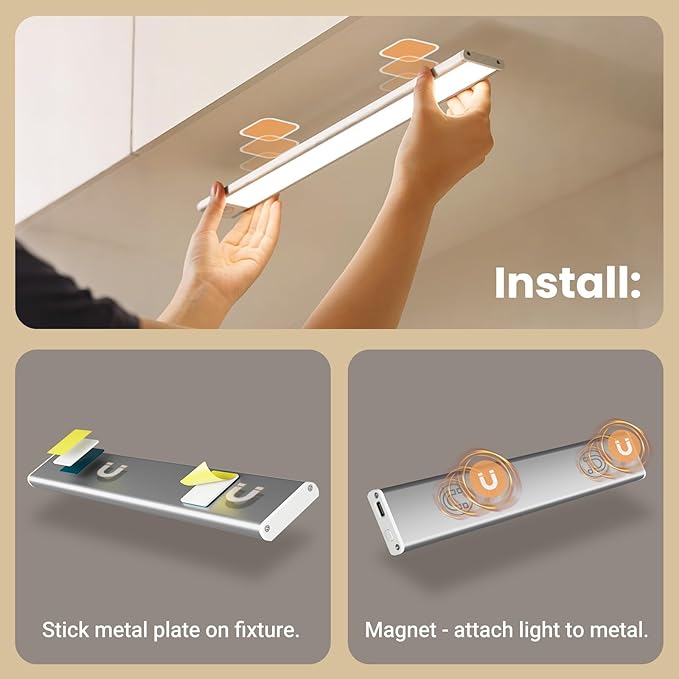 Under Cabinet Lights, Motion Sensor Magnetic LED Light, 8 inch 1000mAh Rechargeable Battery Dimmable Lights with 3 Color Temps, Indoor Wireless Lighting for Kitchen, Closet, Pantry, Counter, 2 Pack
