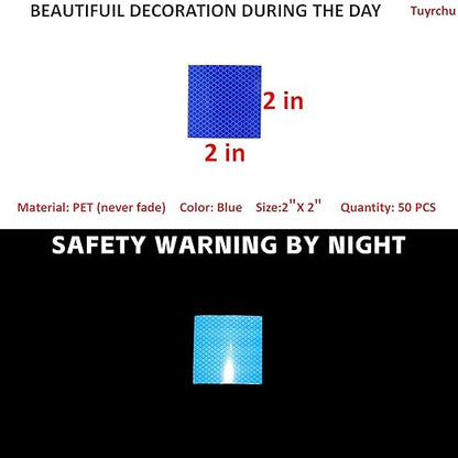 Non Fading Blue Reflective Stickers 2 inch X 2 inch, Outdoor Waterproof High Visibility Warning Safety Adhesive Reflector Tape (50 Pcs)