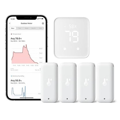 SwitchBot Wi-Fi Humidity Sensor 4 Pack with Hub 2 (Matter Enabled), IP65 Indoor Outdoor Thermometer Wireless, Humidity/Temperature/Dewpoint/VPD Sensor with Smart Alerts, Compatible with Alexa