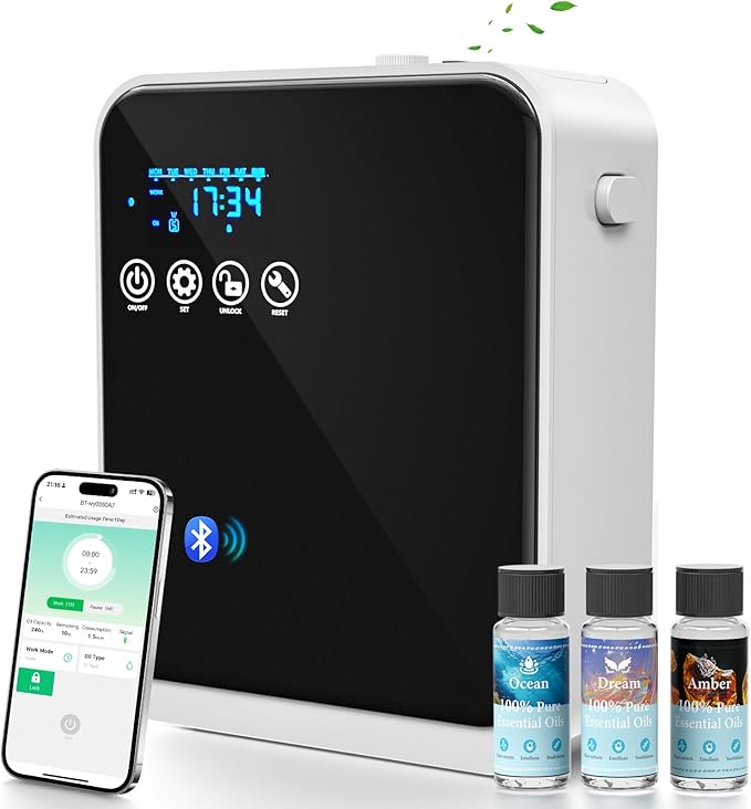 Waterless Essential Oil Diffuser,Aromatherapy Scent Diffuser Air Machine with Smart APP & Touch Screen,1500 sq.ft Coverage,250ml Capacity|Whole House Oil Diffusers for Home & Hotel Collection-Black