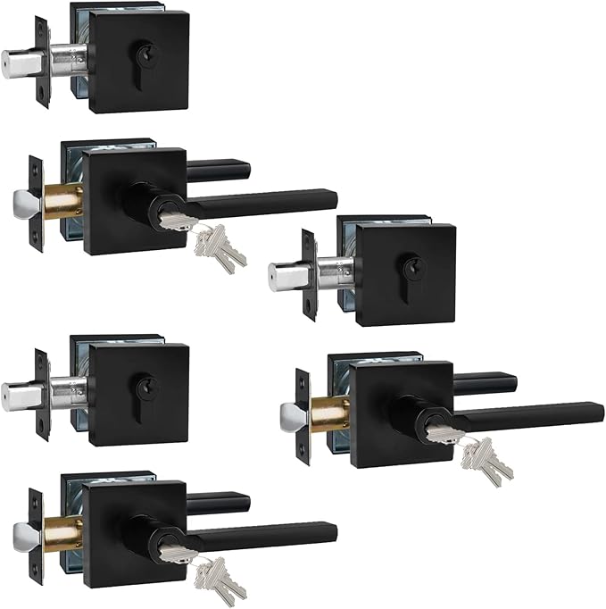 Keyed Entry Door Handle with Single Cylinder Deadbolt, Keyed Alike(Same Keys Only Per Set) Front Door/Exterior Door Lever Lockset, Matte Black, 3 Sets of Locks with 3 Sets of Different Keys