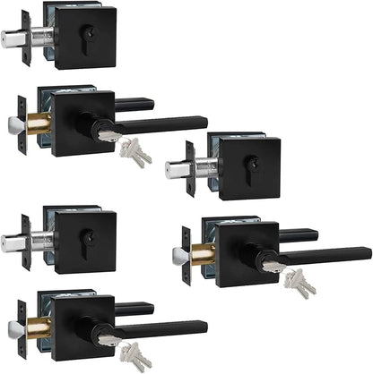 Keyed Entry Door Handle with Single Cylinder Deadbolt, Keyed Alike(Same Keys Only Per Set) Front Door/Exterior Door Lever Lockset, Matte Black, 3 Sets of Locks with 3 Sets of Different Keys