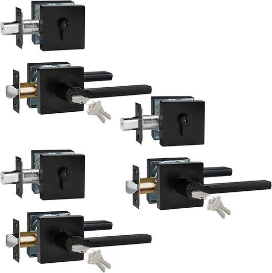 Keyed Entry Door Handle with Single Cylinder Deadbolt, Keyed Alike(Same Keys Only Per Set) Front Door/Exterior Door Lever Lockset, Matte Black, 3 Sets of Locks with 3 Sets of Different Keys