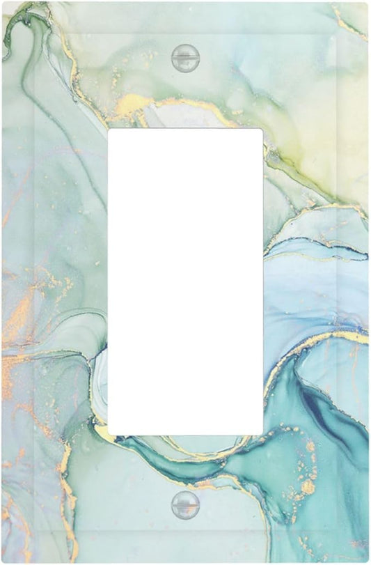 Decorative Outlet Covers Teal Gold Marbling Turquoise 1 Gang Single Rocker Light Switch Cover Plate Wall Plates GFCI Faceplate for Bathroom living Room Decor