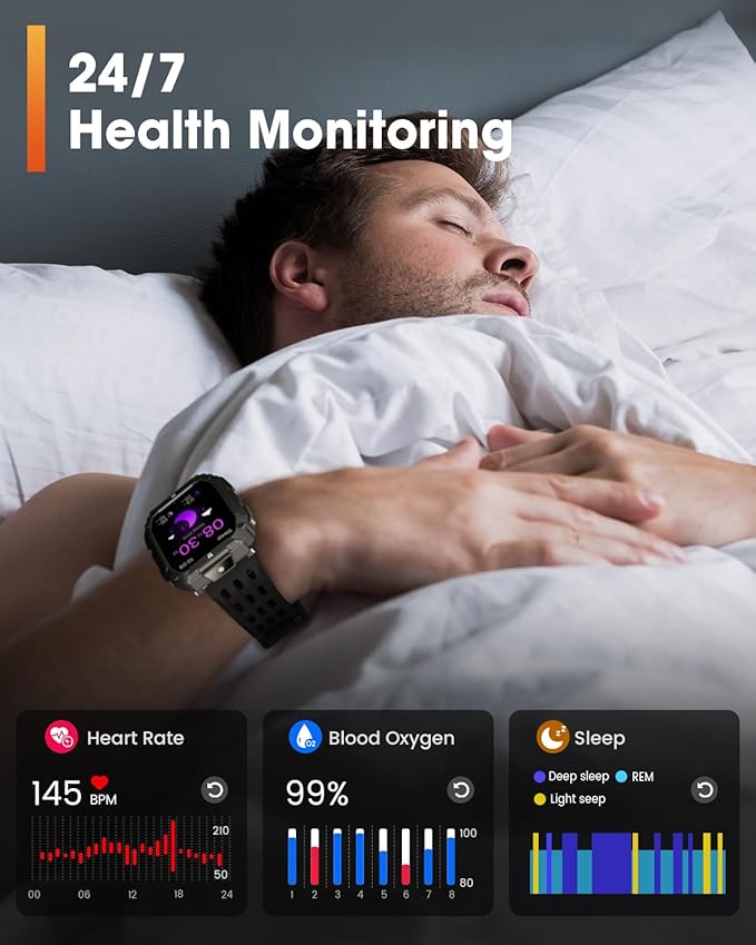 Military Smart Watches for Men, 1.95'' Smart Watch with 100 Days Battery/Flashlight, Fitness Tracker Watch with Heart Rate/Sleep Monitor/100+ Sports Mode,5 ATM Rugged Smartwatch for Android and iPhone