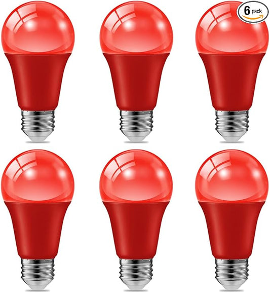 haraqi 6 Pack 9W (60W Equivalent) 120V E26 Base A19 LED Colored Light Bulb, Red LED Lights for Party Christmas Decor and Halloween Lighting