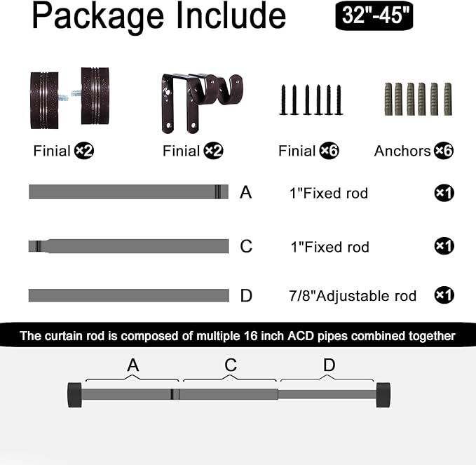 Adjustable Curtain Rods-18 to 45 Inches,1 Inch Modern Metal Drapery Rods, Adjustable Heavy Duty Curtain Pole with Simple End Caps