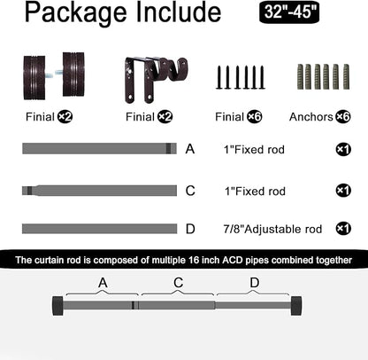 Adjustable Curtain Rods-18 to 45 Inches,1 Inch Modern Metal Drapery Rods, Adjustable Heavy Duty Curtain Pole with Simple End Caps